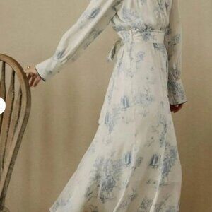 Simple Retro Nafisa French Blue and White Toile Long Sleeve Midi Dress - Size M